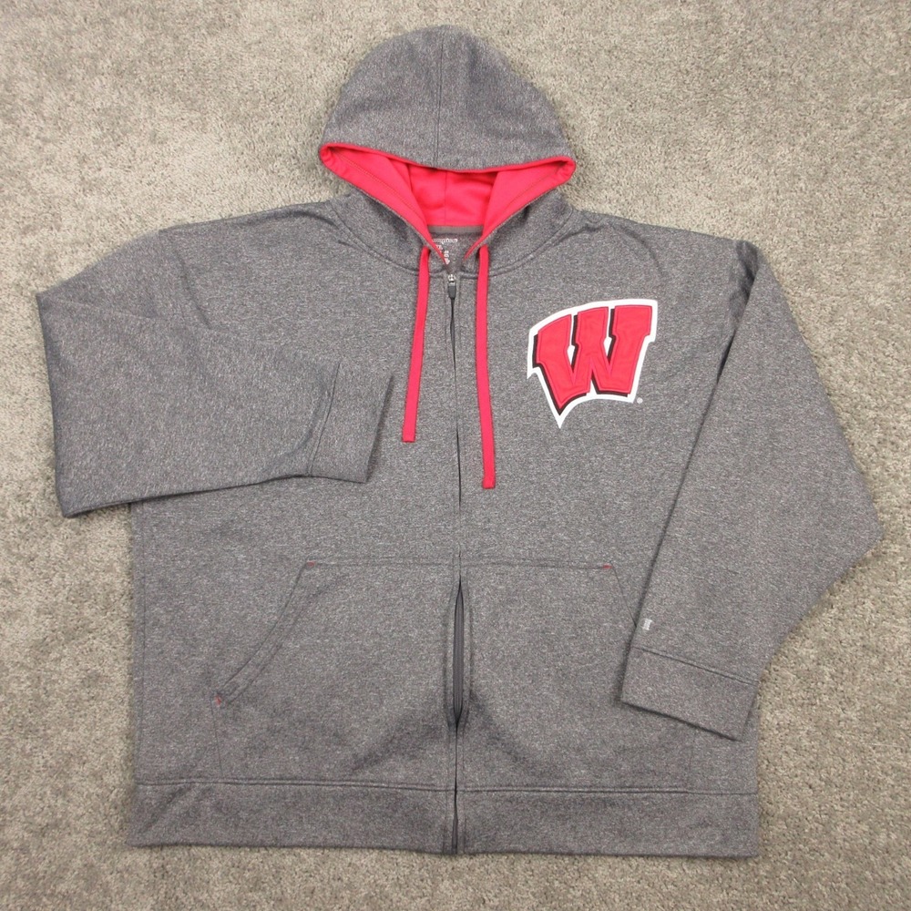 Wisconsin Badgers Sweater Mens 2XL Gray Full Zip Hoodie Sweatshirt Champion EUC
